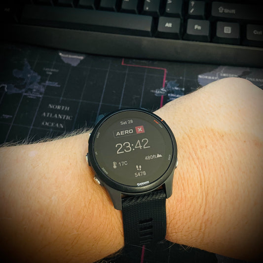 Smartwatch on a wrist with a keyboard in the background