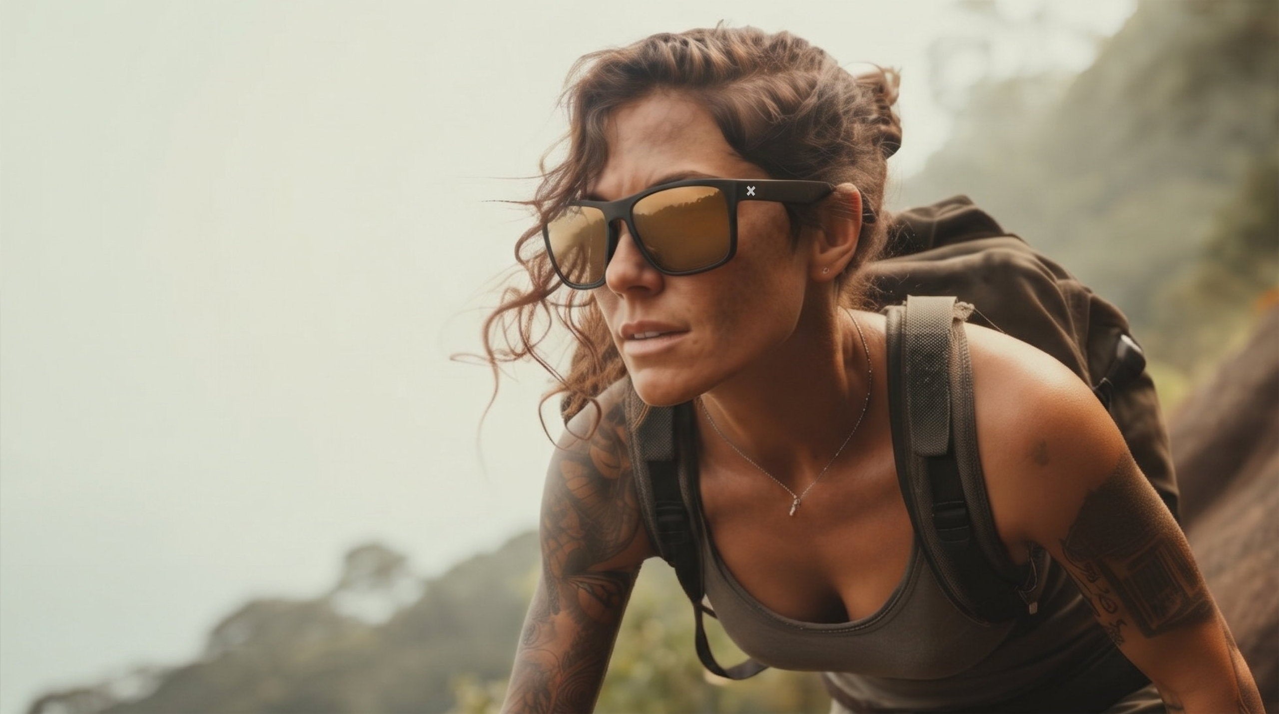 A woman hiking outdoors wearing black sunglasses with gold-tinted lenses, a dark gray tank top, and a backpack.