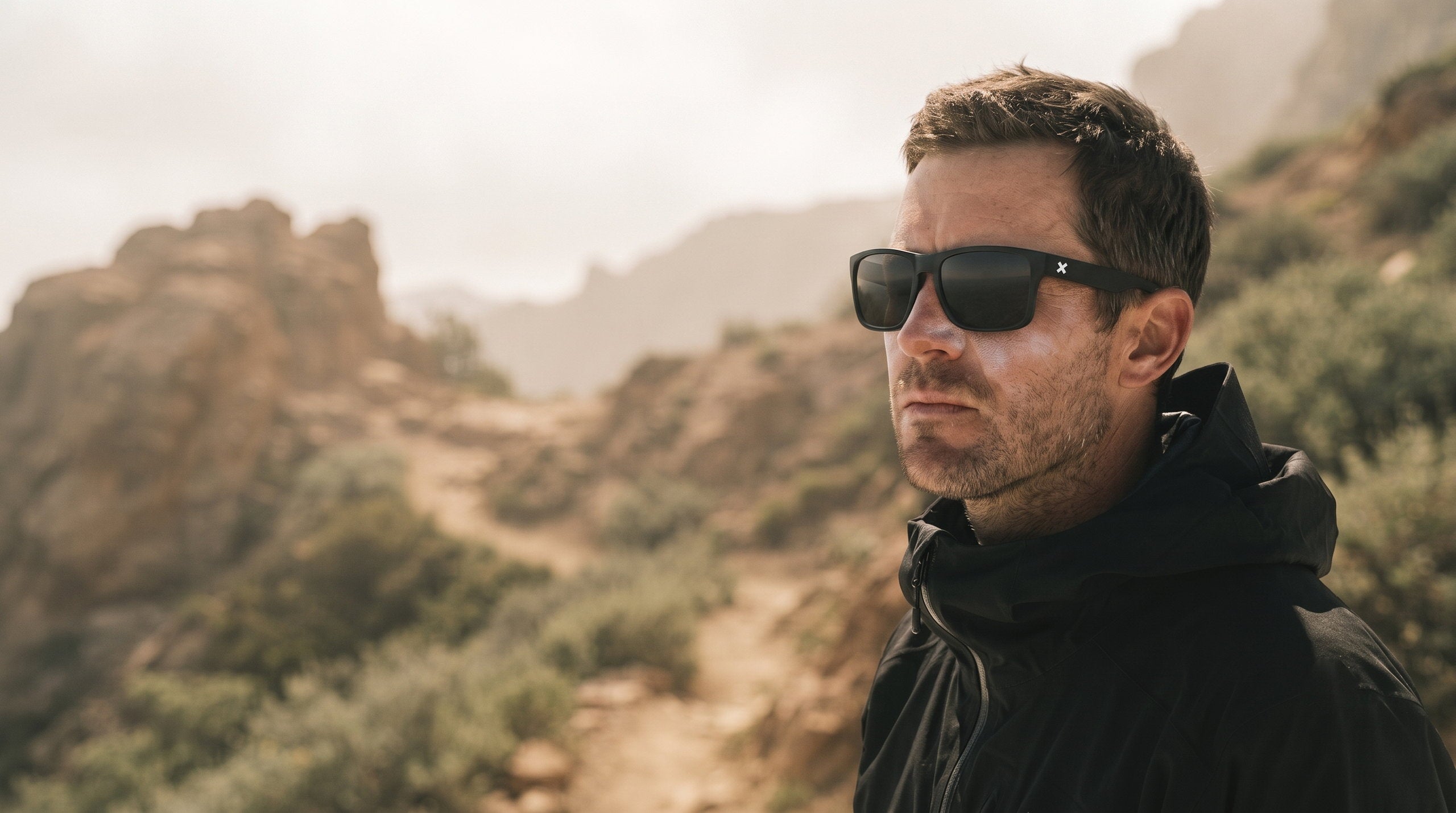 A man wearing black sunglasses and a black hooded jacket standing outdoors in a rocky desert landscape.